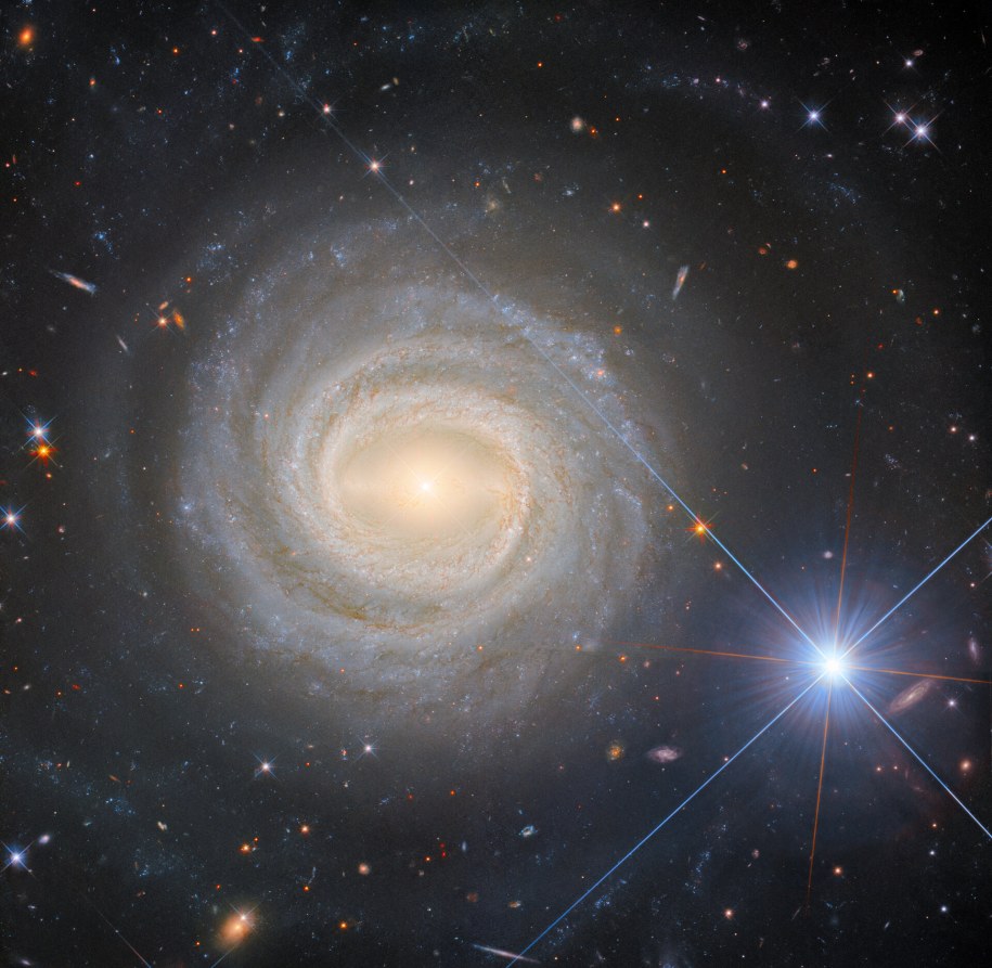 Galaktyka NGC 3783, leżąca około 130 milionów lat świetlnych od Ziemi, w obiektywie teleskopu Hubble'a. Jasna gwiazda po prawej to HD 101274, 1530 lat świetlnych od nas. /ESA/Hubble & NASA, M. C. Bentz, D. J. V. Rosario /Materiały prasowe