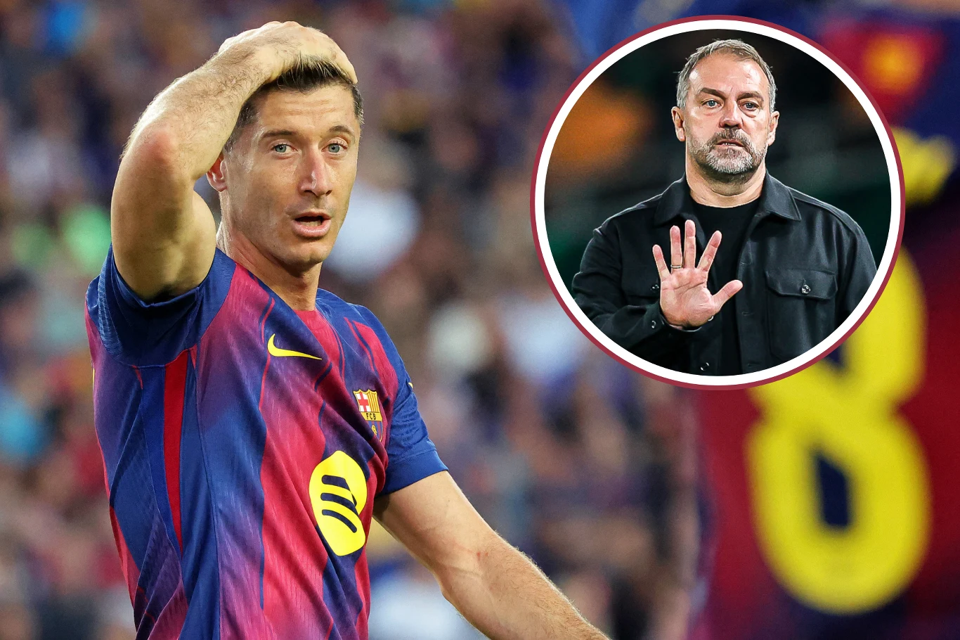 Piłkarz FC Barcelony w stroju meczowym z wyrazem zaskoczenia lub troski na twarzy, z widocznym logo sponsora na koszulce, w tle stadion. W prawym górnym rogu znajduje się wstawione okrągłe zdjęcie mężczyzny unoszącego rękę z otwartą dłonią, w ciemnej k...