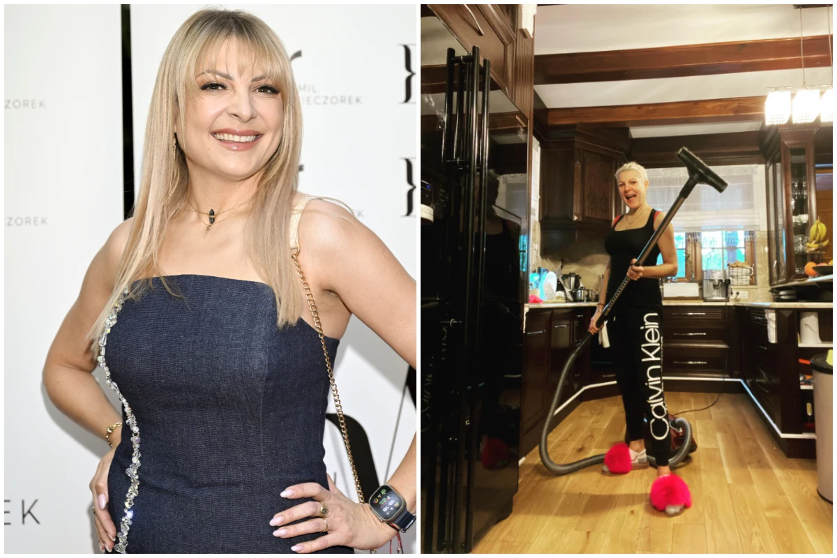 Kobieta z blond włosami w eleganckiej sukience uśmiecha się przed obiektywem na tle ścianki, obok na drugim zdjęciu ta sama osoba odkurza kuchnię ubrana w czarny strój z napisem marki modowej i różowe kapcie.