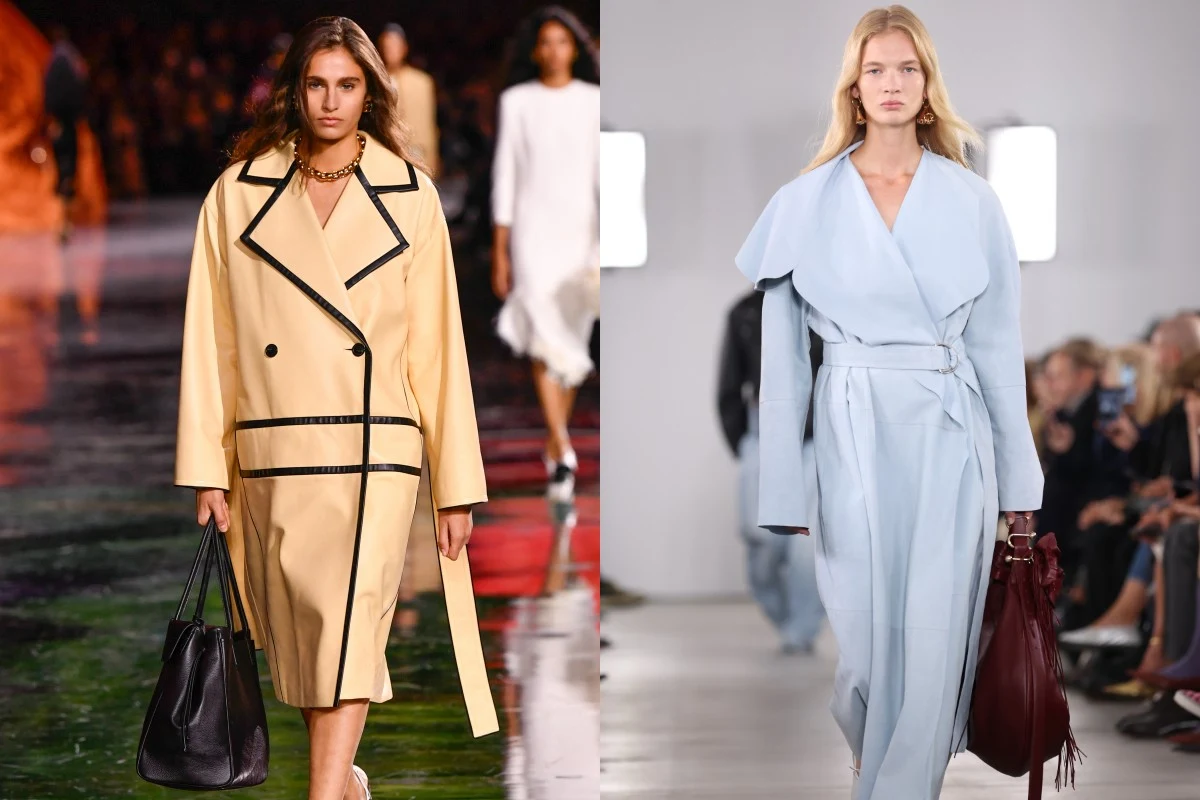 Najmodniejsze trencze na wiosnę/lato 2026 CHANEL, Sportmax. Fot. Stephane Cardinale - Corbis, Daniele Venturelli/WireImage Dwie modelki idące po wybiegu w modnych, długich płaszczach – jedna w jasnym płaszczu z czarnymi detalami i dużą czarną torbą, druga w błękitnym płaszczu z wiązaniem oraz bordową torbą, w tle publiczność i inne sylwetki.