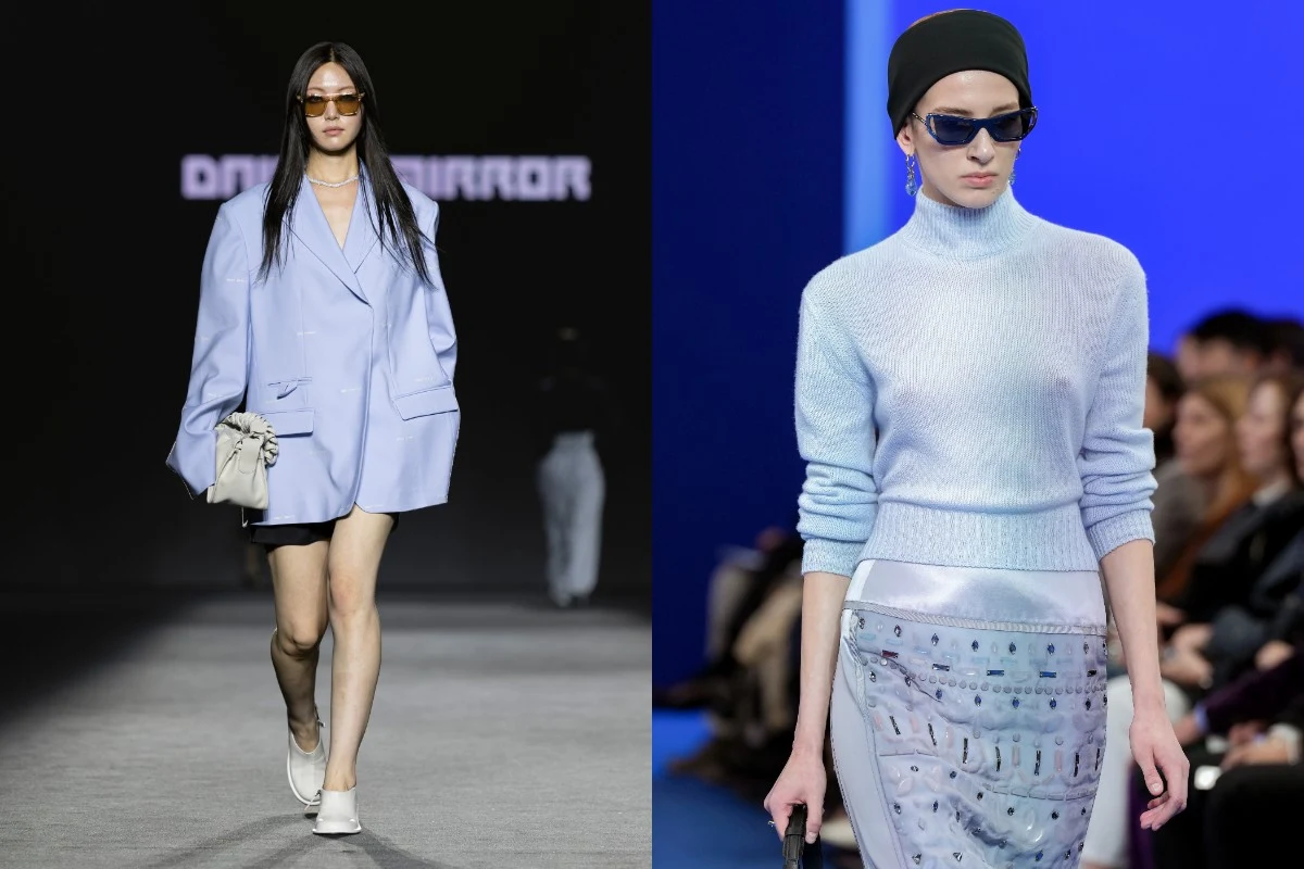 Jak nosić cool blue? Fot. Francois Durand, Justin Shin Dwie kobiety prezentują modne stylizacje podczas pokazów mody. Po lewej modelka w długiej, jasno-niebieskiej marynarce, okularach przeciwsłonecznych i z torebką na ramieniu, po prawej modelka w jasno-niebieskim swetrze, spódnicy z geometrycznym wzorem,...