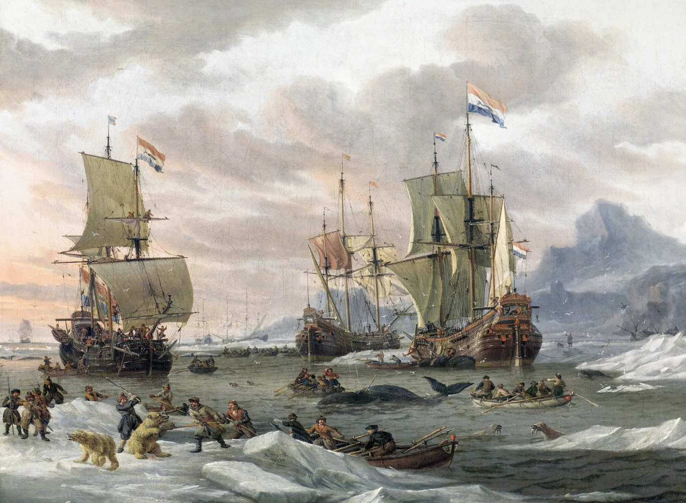 Trzy duże żaglowce pod holenderskimi flagami stoją wśród kry lodowej, a wokół nich ludzie polują na niedźwiedzia polarnego i foki; w oddali widoczne są góry lodowe, a scena rozgrywa się prawdopodobnie podczas wyprawy polarnej.