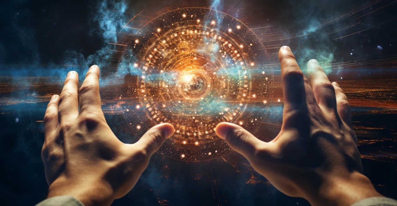 Dwie dłonie wyciągnięte w kierunku cyfrowej, świetlistej struktury o futurystycznym wyglądzie, z wirującymi pierścieniami i poświatą, sprawiając wrażenie interakcji człowieka z zaawansowaną technologią lub energią.