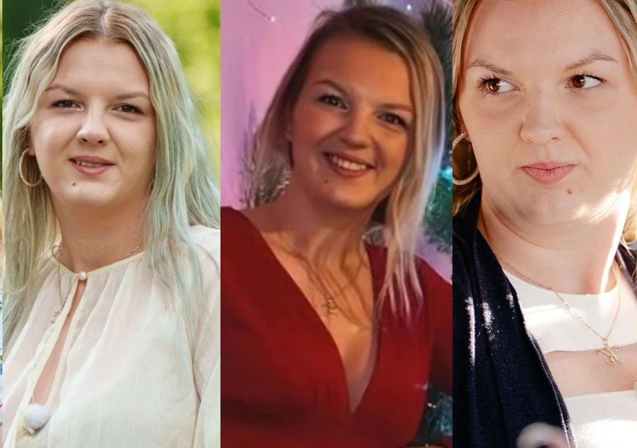 Trzy kadry z młodą kobietą o blond włosach, noszącą różne stylizacje; raz w białej bluzce z delikatnym naszyjnikiem, raz w eleganckiej czerwonej sukience z krzyżykiem na łańcuszku oraz raz w białym topie i ciemnej narzutce, z wyrazistą miną.