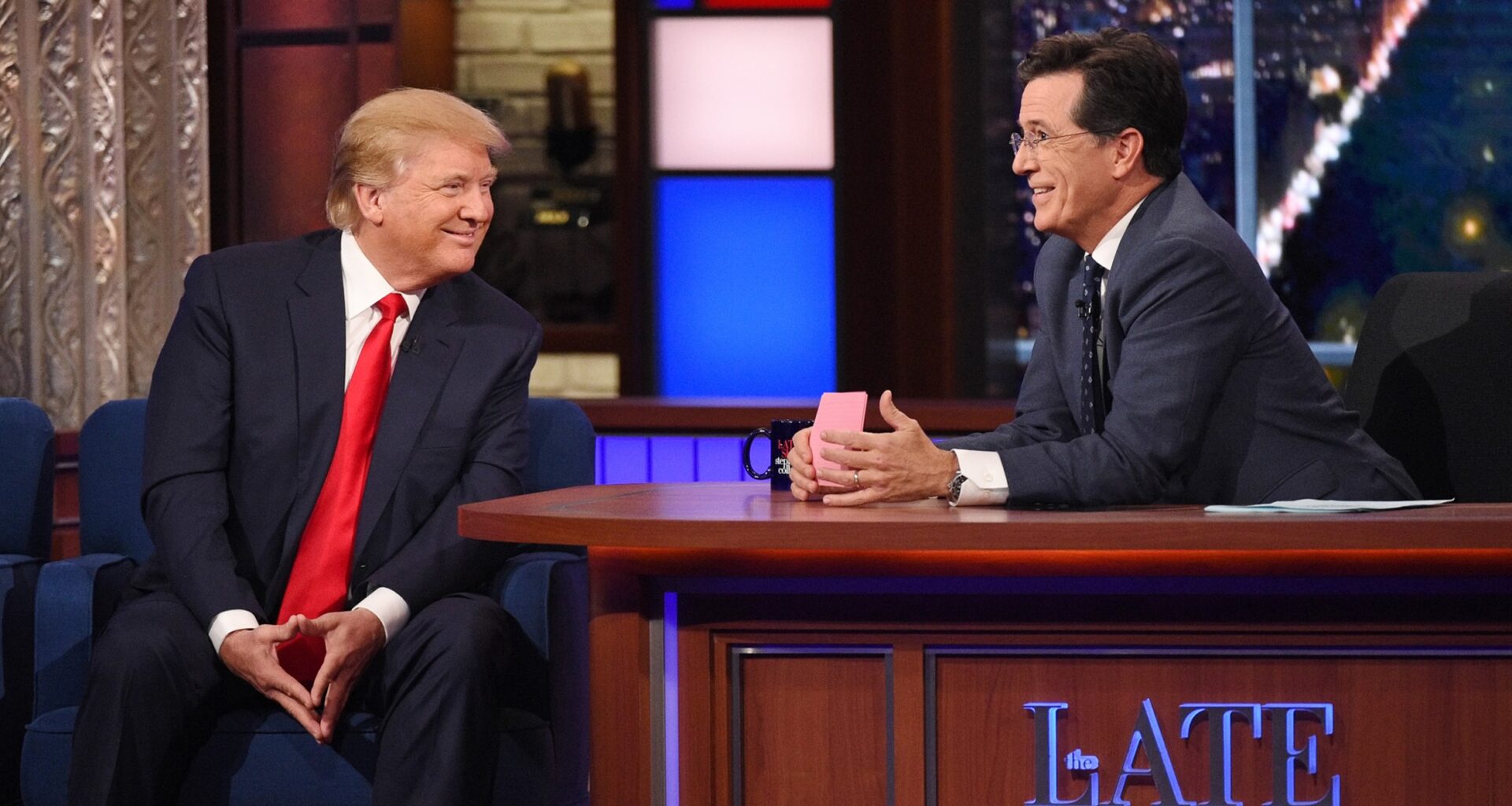 Donald Trump w programie Stephena Colberta w 2015 r.