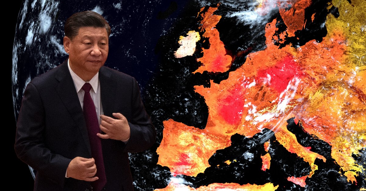 Przywódca Chin Xi Jinping w Pekinie, 8 kwietnia 2022 r. W tle grafika uwzględniająca mapę Europy