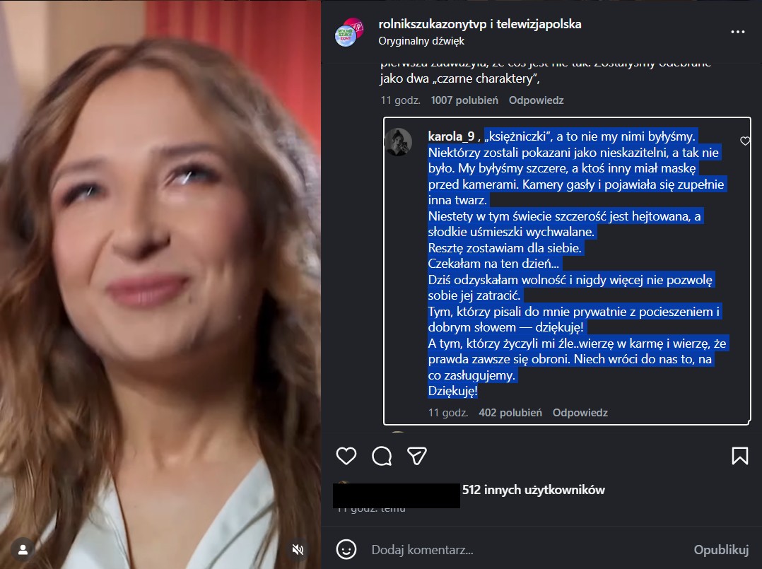 InstaStory z profilu Karoliny