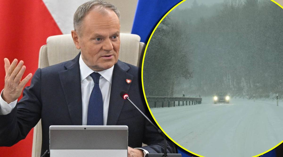 Premier Donald Tusk przemawia podczas posiedzenia sztabu kryzysowego. Obok widok z kamery samochodowej na drogę zasypaną śniegiem, gdzie widać jadący samoch&oacute;d.