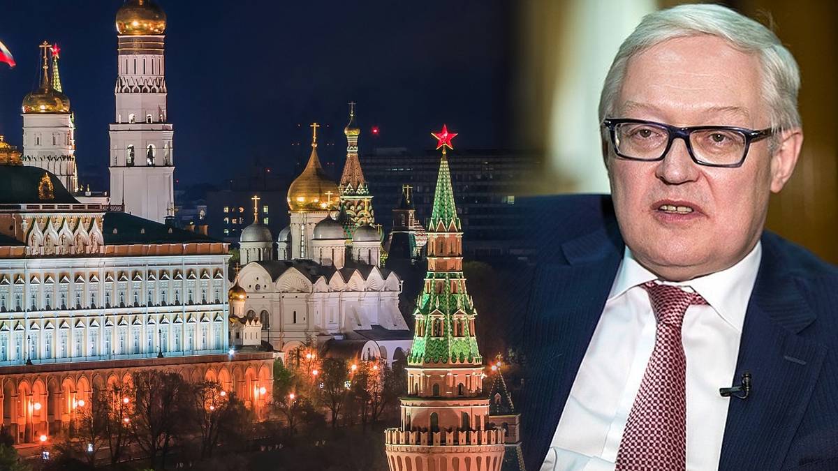 Widok na Kreml w Moskwie obok portretu m&oacute;wiącego mężczyzny.