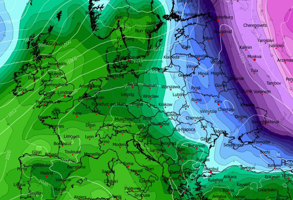 Temperatura w Europie na poziomie 850 hPa i MSLP (hPa) 14.12