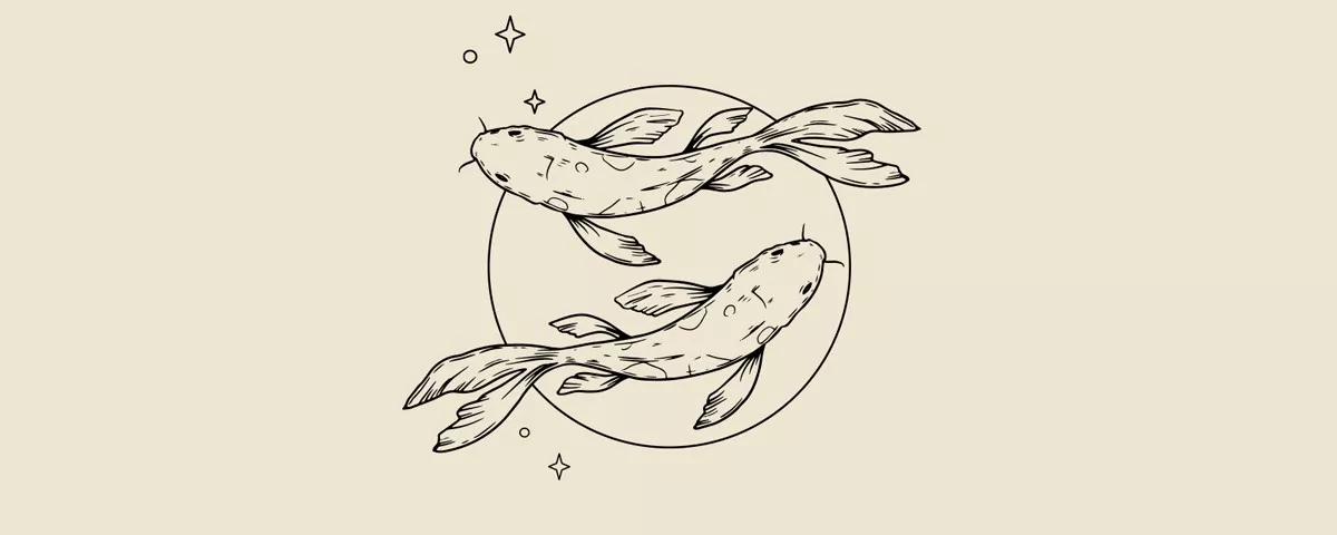 Dwa ryby koi w stylu graficznym, skierowane w przeciwnych kierunkach, otoczone okręgiem i gwiazdkami.