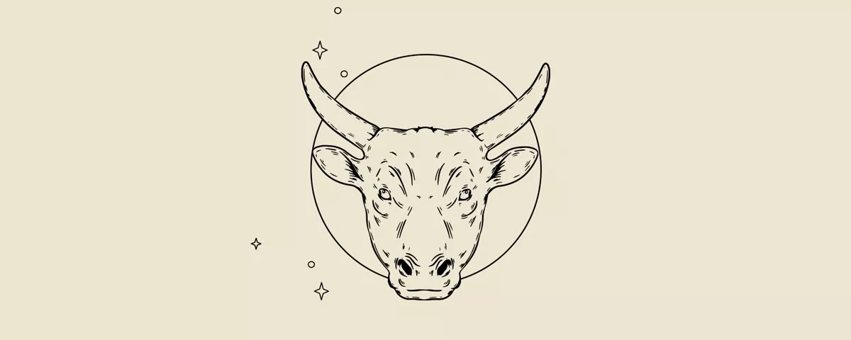 Rysunek głowy byka w stylu minimalistycznym z okręgiem i gwiazdkami w tle.