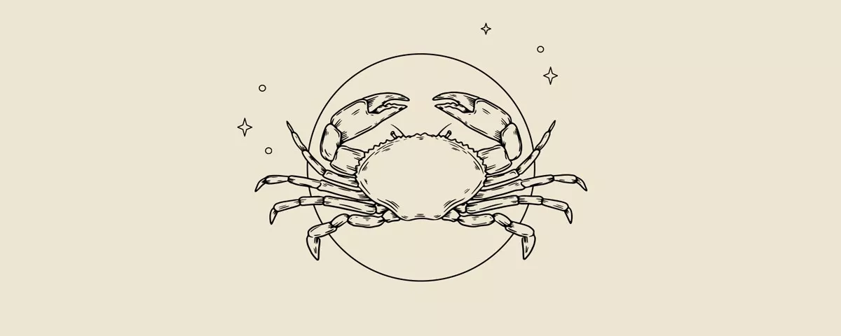 Rysunek kraba umieszczony w okręgu, z gwiazdkami w tle na jasnym tle.