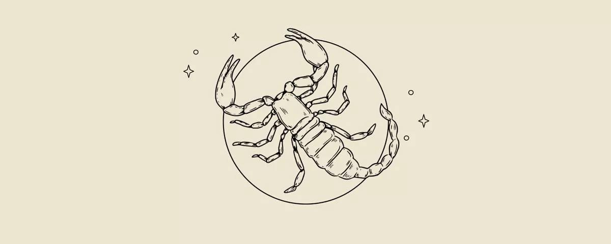 Skorpion w stylu minimalistycznym, otoczony gwiazdkami, na jasnym tle.