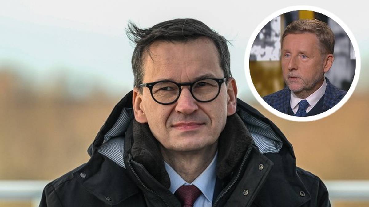 Mateusz Morawiecki na pierwszym planie, z wizerunkiem Przemysława Szubartowicza w okręgu w prawym g&oacute;rnym rogu.