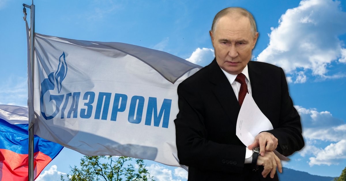 Prezydent Rosji Władimir Putin, w tle: flaga Gazpromu