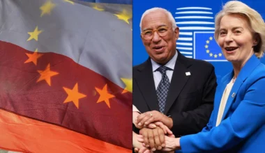 Przewodniczący Rady Europejskiej Antonio Costa (C), przewodnicząca KE Ursula von der Leyen