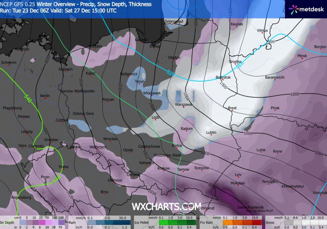 Opady śniegu 27 grudnia (wxcharts.com)