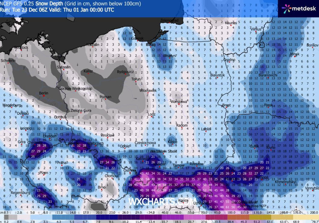Grubość pokrywy śnieżnej na Sylwestra (wxcharts.com)