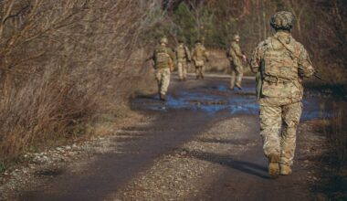 Ukraińscy żołnierze idący leśną drogą.