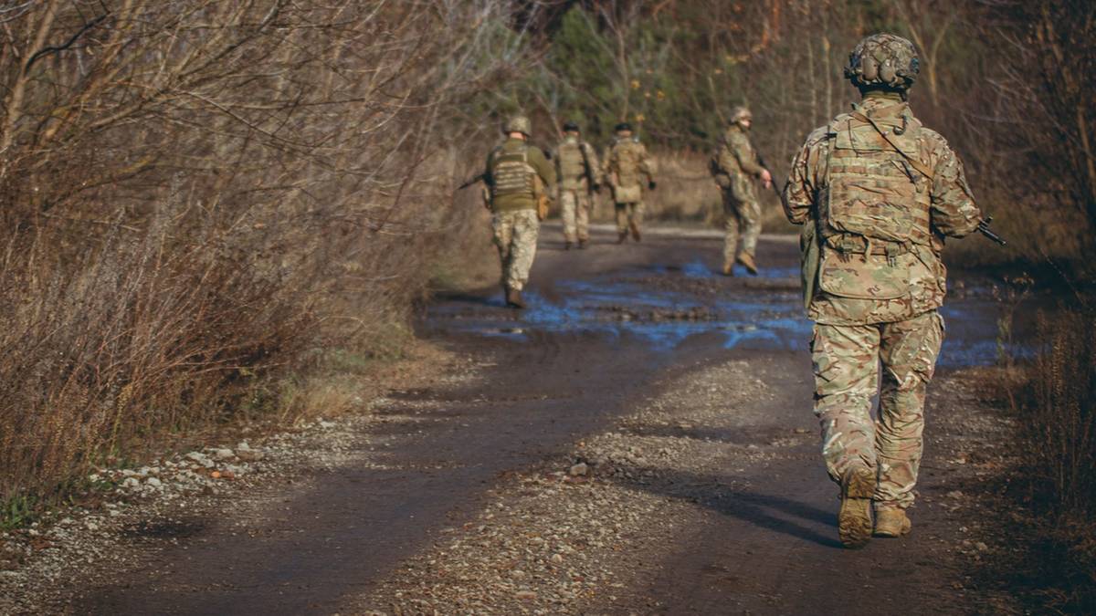 Ukraińscy żołnierze idący leśną drogą.