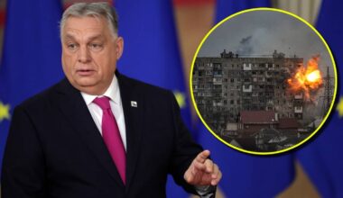 Viktor Orban przemawia na tle flag Unii Europejskiej, obok zdjęcie eksplozji na tle zniszczonych budynk&oacute;w.