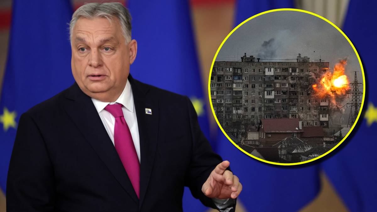 Viktor Orban przemawia na tle flag Unii Europejskiej, obok zdjęcie eksplozji na tle zniszczonych budynk&oacute;w.