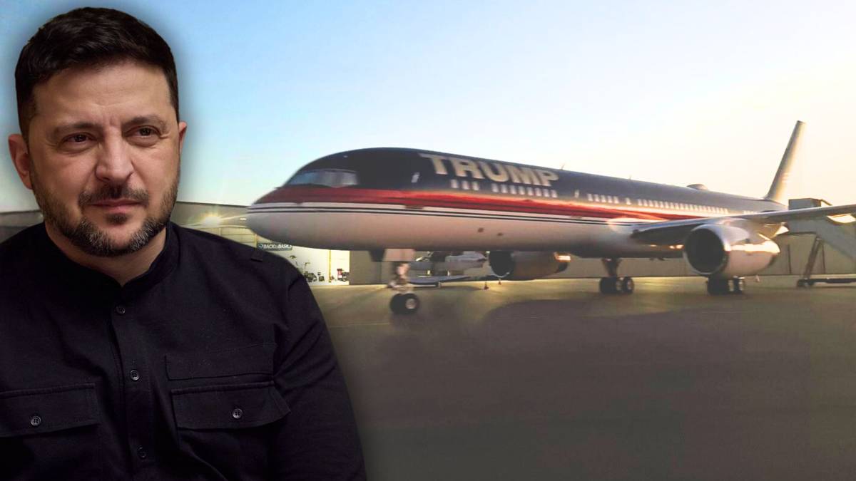 Prezydent Ukrainy Wołodymyr Zełenski na tle samolotu z napisem "TRUMP"