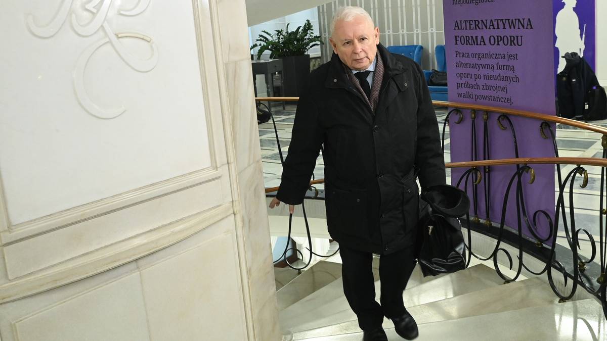 Jarosław Kaczyński schodzi po schodach, trzymając w ręku torbę.
