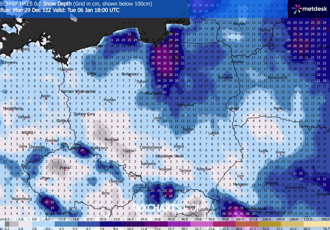 Prognozowana grubość pokrywy śnieżnej na 6 stycznia 2026 roku