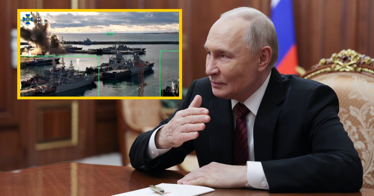 Na zdjęciu głównym Władimir Putin. W ramce zdjęcie z ataku na rosyjski okręt podwodny typu 636.3 Warszawianka