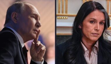 Z lewej prezydent Rosji Władimir Putin podczas dorocznej konferencji prasowej, Moskwa, Rosja, 21 grudnia 2025 r. Z prawej dyrektorka wywiadu USA Tulsi Gabbard podczas spotkania w Białym Domu, Waszyngton, USA, 2 grudnia 2025 r.