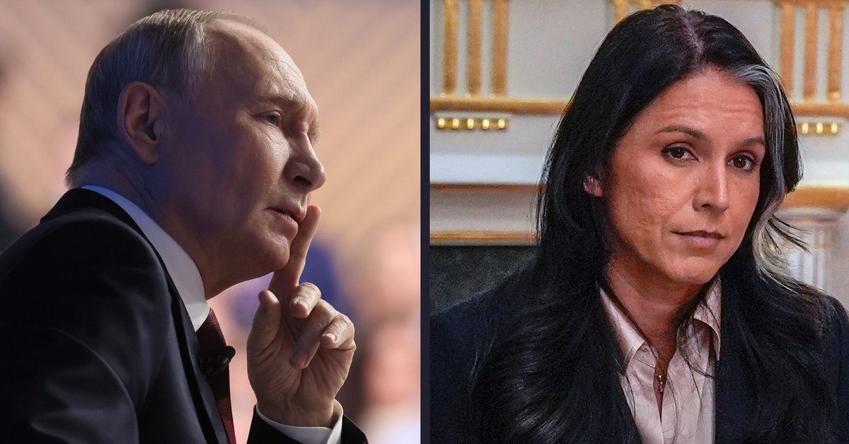 Z lewej prezydent Rosji Władimir Putin podczas dorocznej konferencji prasowej, Moskwa, Rosja, 21 grudnia 2025 r. Z prawej dyrektorka wywiadu USA Tulsi Gabbard podczas spotkania w Białym Domu, Waszyngton, USA, 2 grudnia 2025 r.