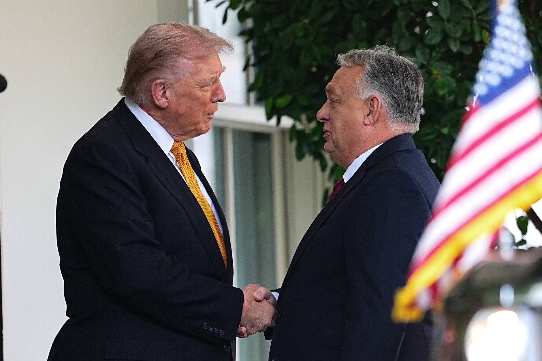 Prezydent Stanów Zjednoczonych Donald Trump (L) i premier Węgier Viktor Orban przy wejściu do Białego Domu w Waszyngtonie, DC, USA, 7 listopada 2025 r.