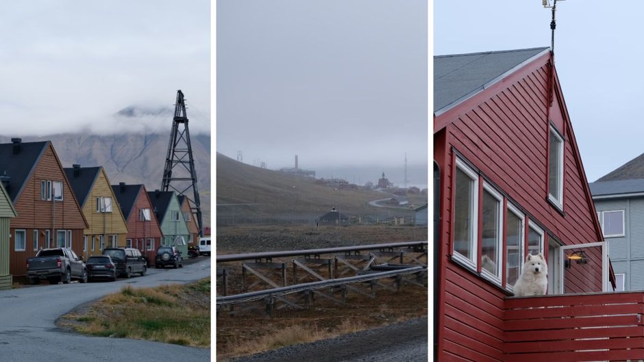 Zabudowania Longyearbyen i rury na palach