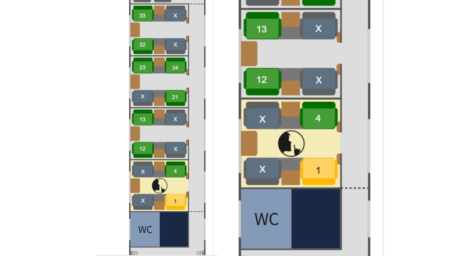 Strefa ciszy znajduje się w pierwszym przedziale z czterech w klasie biznes (obejmuje miejsca 1-4)