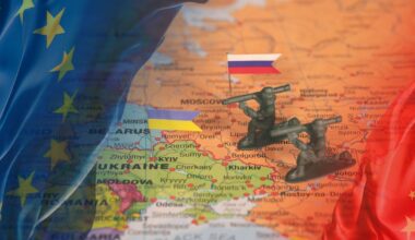 Grafika uwzględniająca mapę Europy. Obrazuje też ścierające się siły w walce o przyszłość Ukrainy