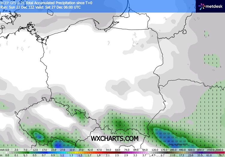 Do weekendu padać w Polsce prawie w ogóle nie będzie. Jedynie na południu, zwłaszcza w Wigilię, może poprószyć