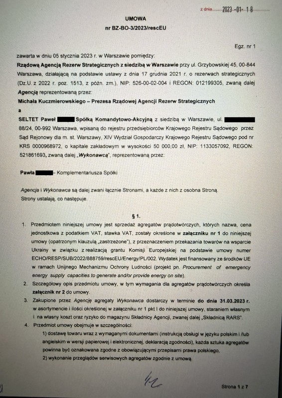 Pierwsza umowa na dostawę agregatów prądotwórczych pomiędzy spółką Seltet i RARS z 5 stycznia 2023 r.