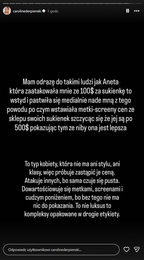 Odmieniona (?) Caroline Derpienski nadaje z CIUCHLANDU i staje w obronie osób kupujących używaną odzież: "Klasa nie ma ceny". Uderzyła też w Anetę Glam
