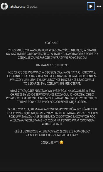 Jakub Pursa wpis na Instagramie