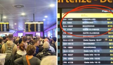 Informacja na tablicy o odwołanym połączeniu do Warszawy (W4 1458)