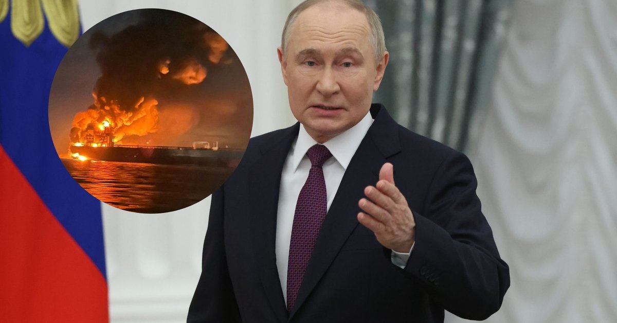 Władimir Putin i płonący rosyjski tankowiec