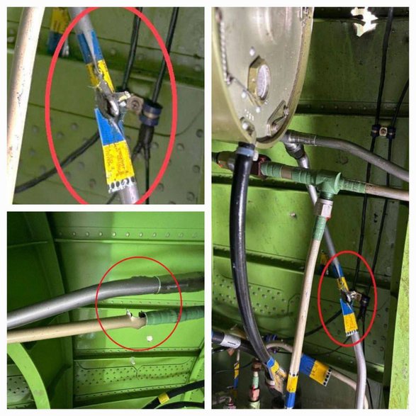 Uszkodzenia przebitych z dużą siłą przewodów sytemu hydraulicznego.