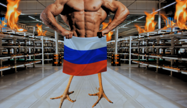 Muskularny tors zasłaniający biodra rosyjską flagą, spod której wystają chude kurze nogi. Z tyłu widać rzędy pustych sklepowych półek, które płoną