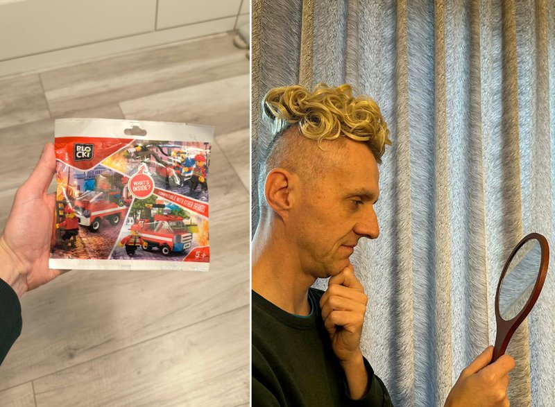 Opakowanie klocków dla dzieci i stylizacja w peruce