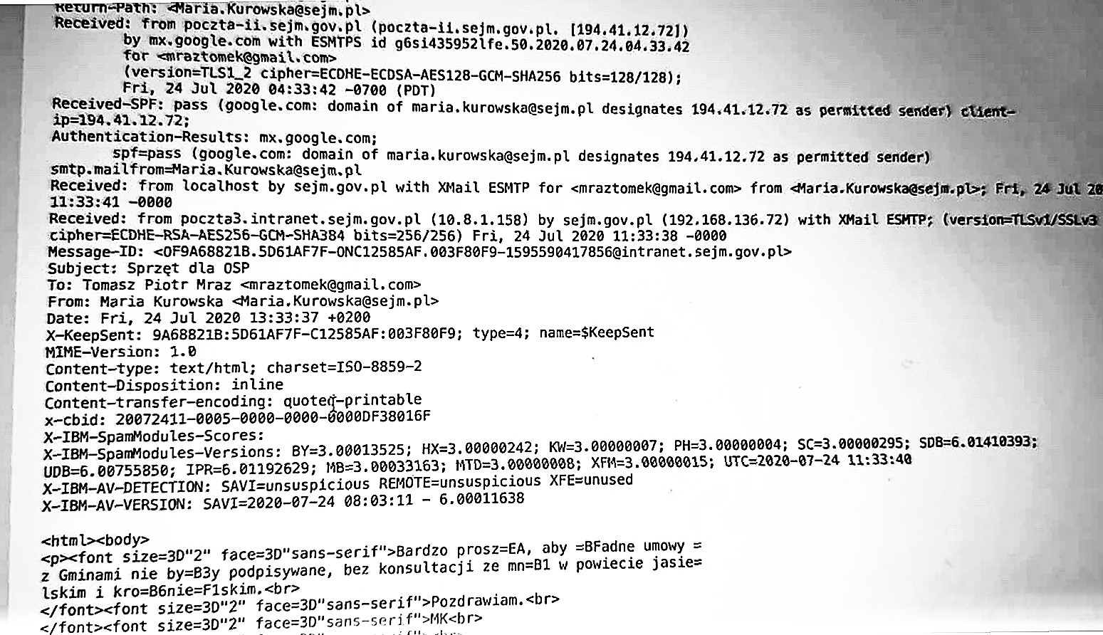 Zrzut ekranu z nagłówka źródłowego e-maila Marii Kurowskiej do Tomasza Mraza