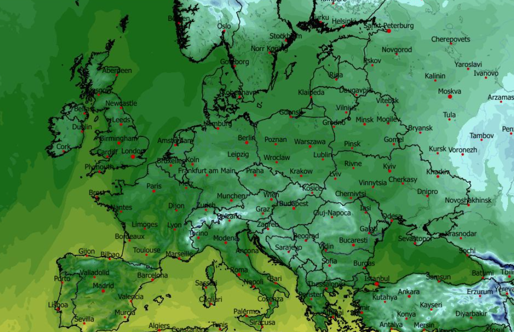 Temperatura w Europie mierzona na wysokości 2 m nad powierzchnią gruntu 11.12