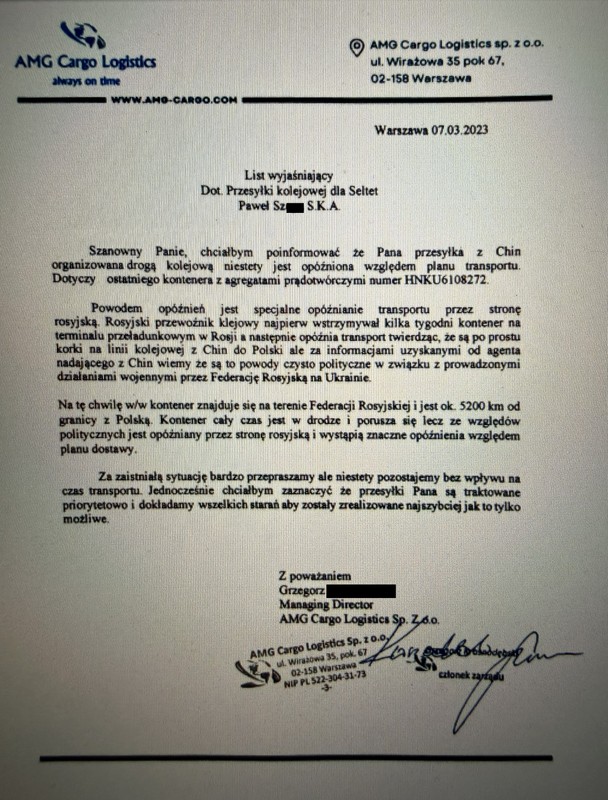 Pismo z Cargo w sprawie opóźnienia transportu agregatów spółki Seltet jadących do Polski koleją przez terytorium Rosji