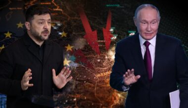 Po lewej prezydent Ukrainy Wołodymyr Zełenski w Berlinie, 15 grudnia 2025 r. Po prawej przywódca Rosji Władimir Putin w Moskwie, 19 listopada 2025 r. W tle grafika uwzględniająca mapę Ukrainy